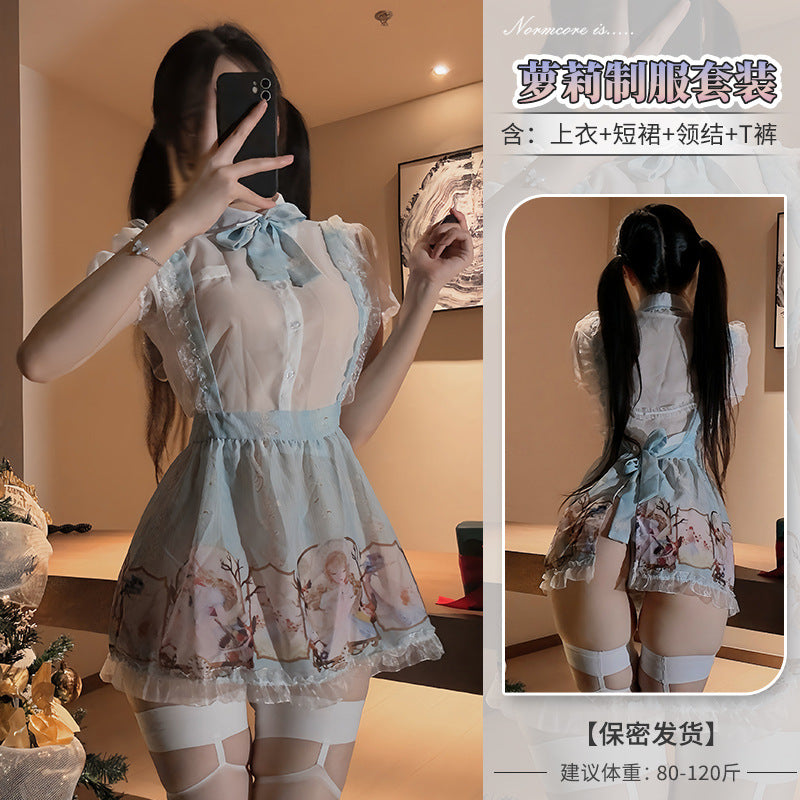 Sex lingerie sexy pure desire skirt two-dimensional Lolita print maid maid seduction see-through yarn uniform suit