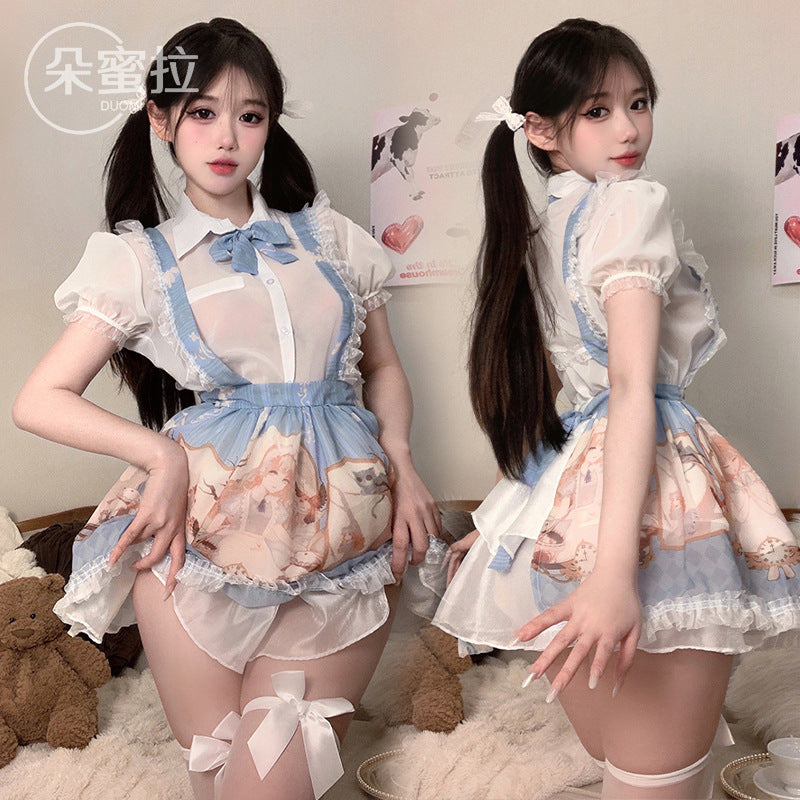Sex lingerie sexy pure desire skirt two-dimensional Lolita print maid maid seduction see-through yarn uniform suit