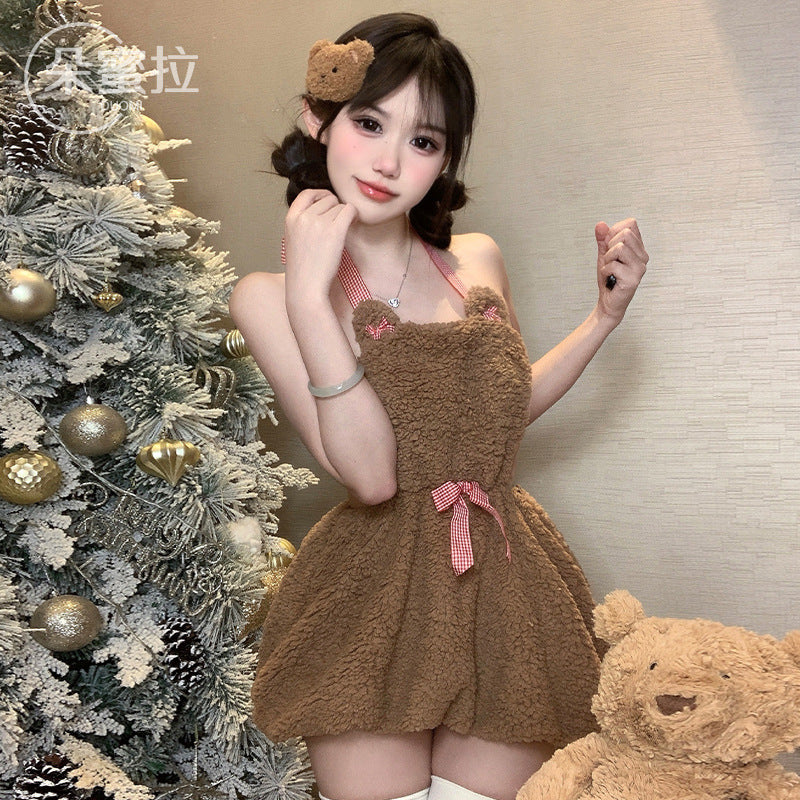 Plush backless short skirt outfit neck bear two-dimensional cute maid outfit sexy underwear female cosplay F571