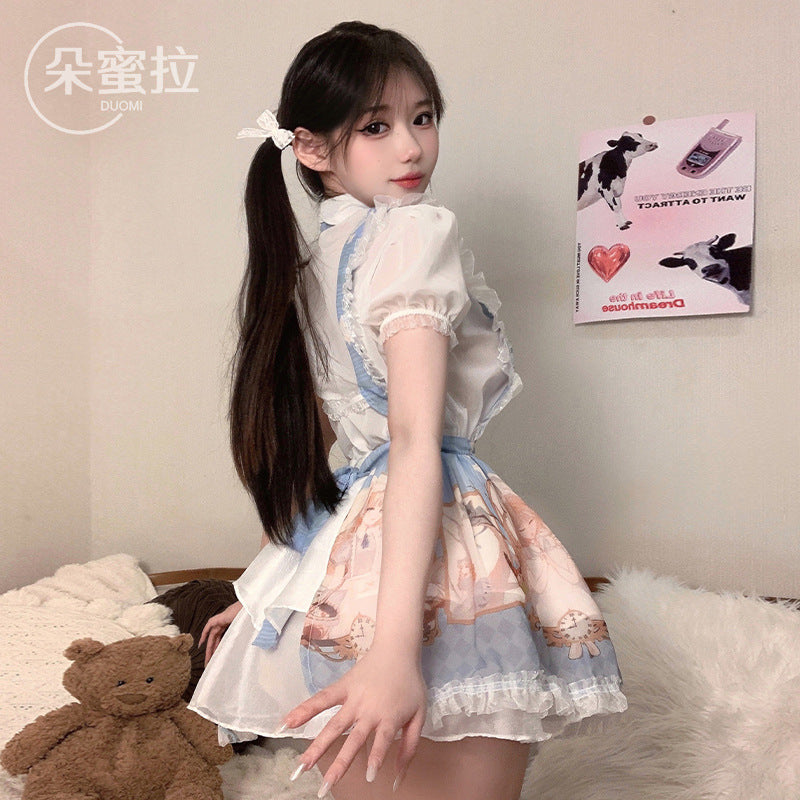 Sex lingerie sexy pure desire skirt two-dimensional Lolita print maid maid seduction see-through yarn uniform suit