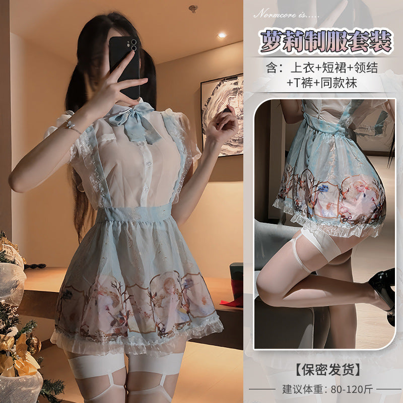 Sex lingerie sexy pure desire skirt two-dimensional Lolita print maid maid seduction see-through yarn uniform suit