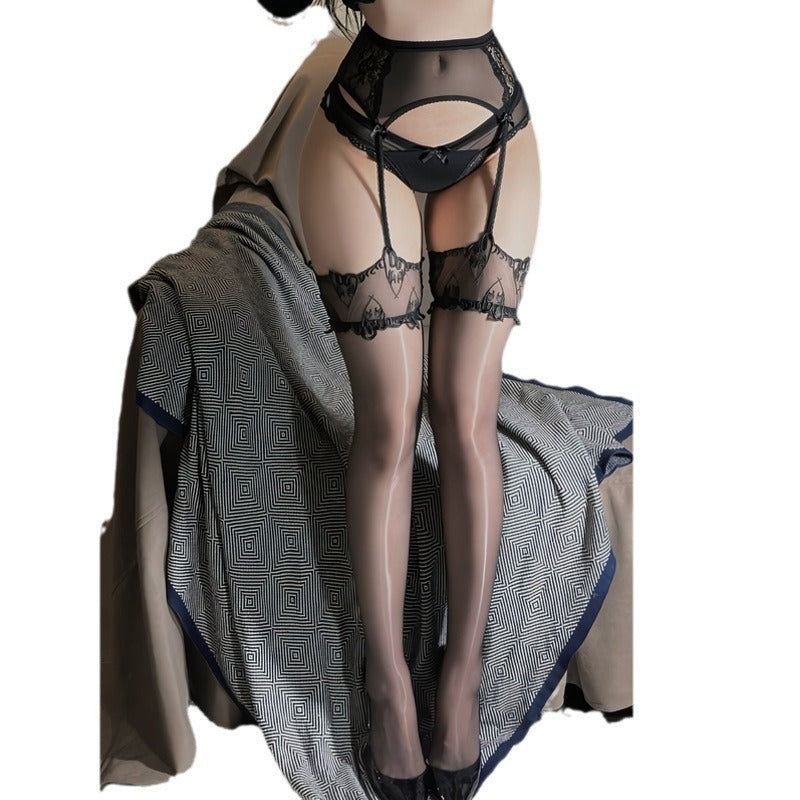 5D Aurora Love Suspender Integrated Socks Black Silk Long Tube Lace Edge High Waist Hollow Aurora Ultra Thin with Foot