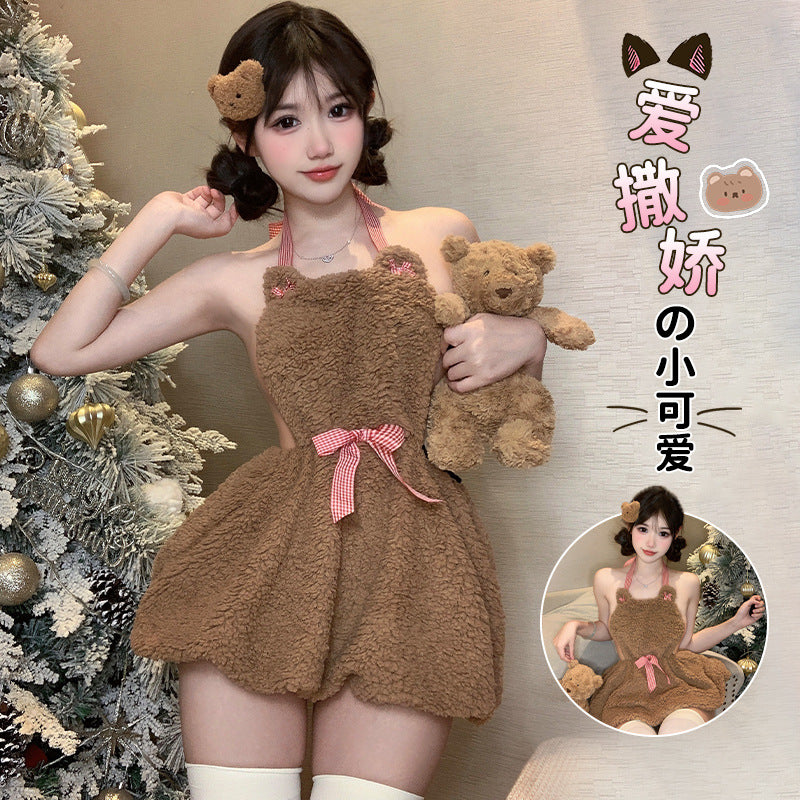 Plush backless short skirt outfit neck bear two-dimensional cute maid outfit sexy underwear female cosplay F571