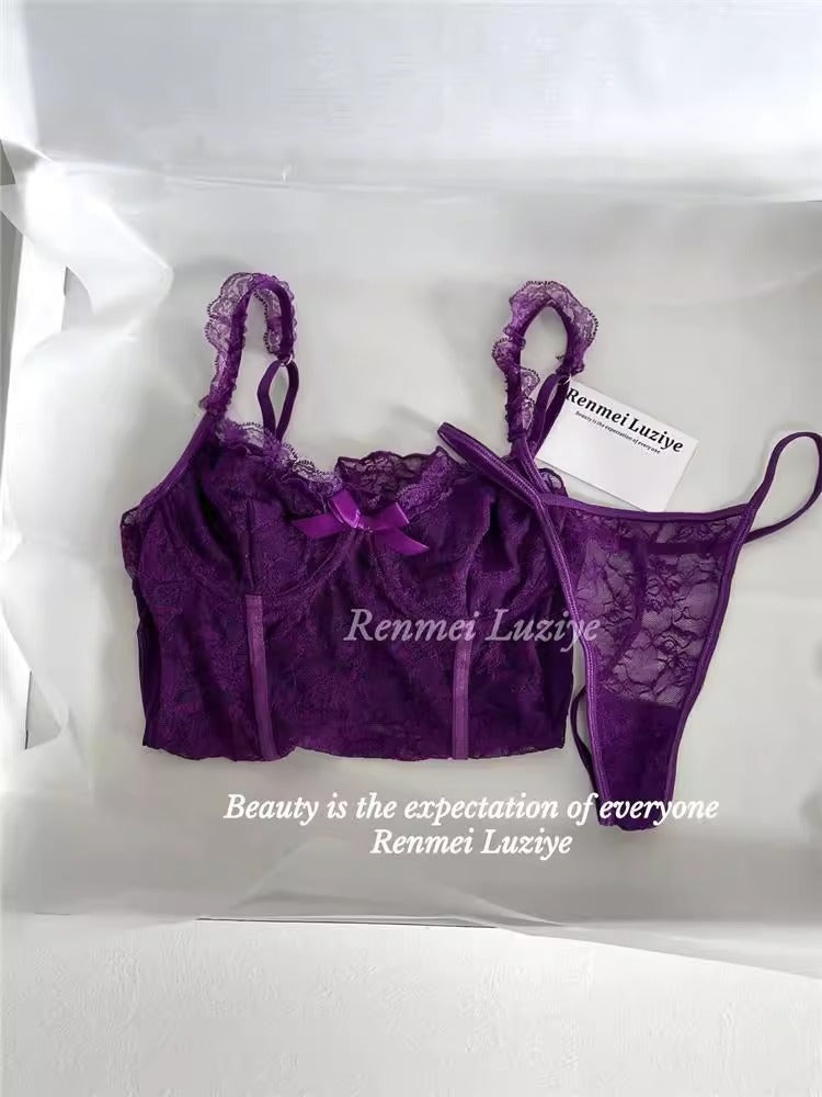 Cross-border supply, hot-selling lace lingerie set in Europe and America, perspective temptation steel ring gathers thin waist suspender skirt woman