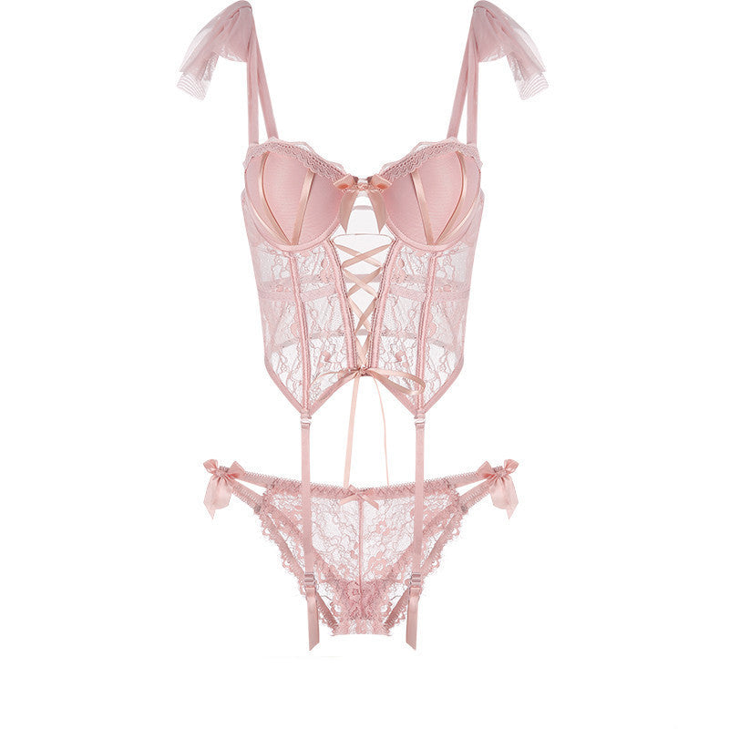 Domila sexy underwear sexy steel rim chest pad gathering perspective top lace low-rise panties uniform set
