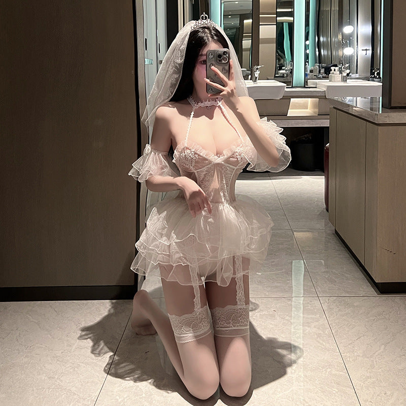 Chui Chu Sex Underwear Sexy White Perspective Veil Free Wedding Dress Set Bridal Uniform Temptation Pure Lust Hot
