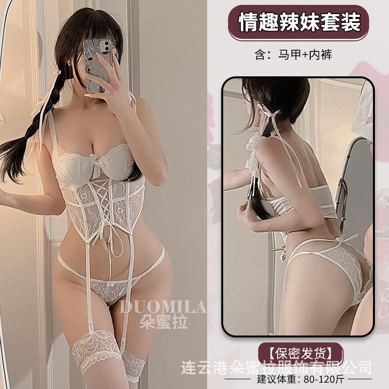 Domila sexy underwear sexy steel rim chest pad gathering perspective top lace low-rise panties uniform set