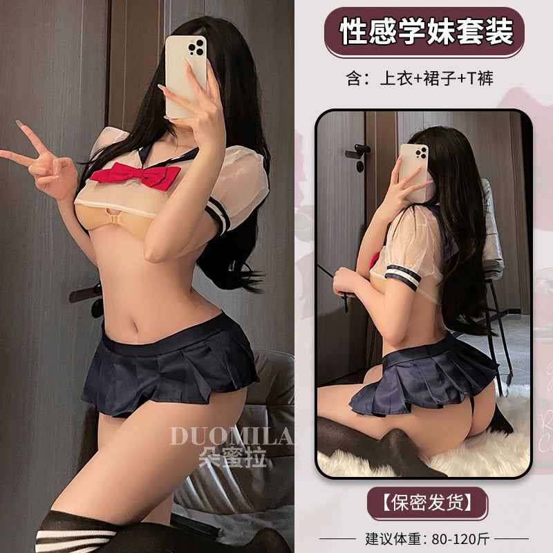 Domila sex underwear women's sex uniform student clothing jk suit sexy transparent shirt plaid skirt F465