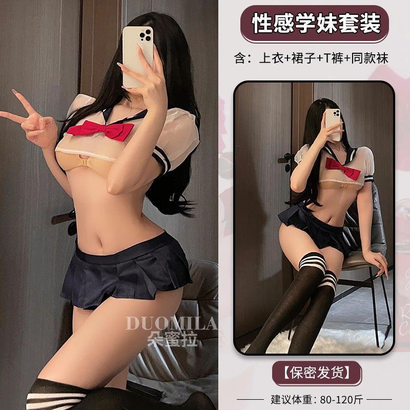 Domila sex underwear women's sex uniform student clothing jk suit sexy transparent shirt plaid skirt F465