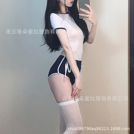 Campus clothes sexy underwear pure desire uniform passion suit open crotch seduction women's bed gymnastics clothing F058 perspective