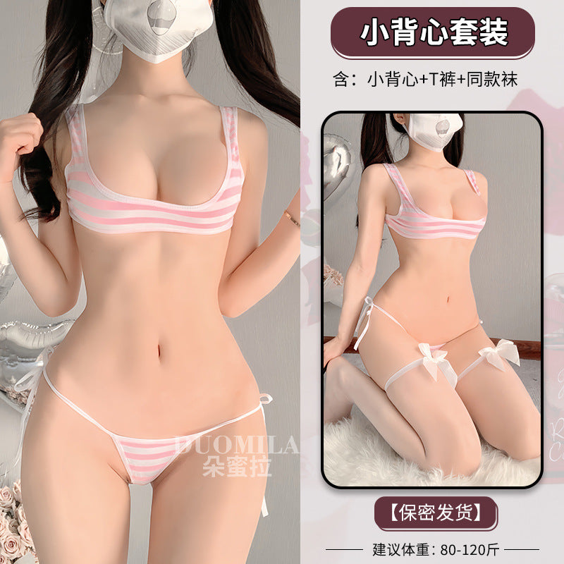 Domila fun striped small vest strapped milk leakage, low waist fat body private underwear, factory direct sales