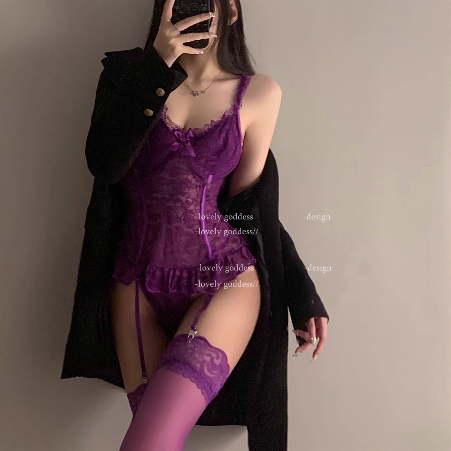Cross-border supply, hot-selling lace lingerie set in Europe and America, perspective temptation steel ring gathers thin waist suspender skirt woman